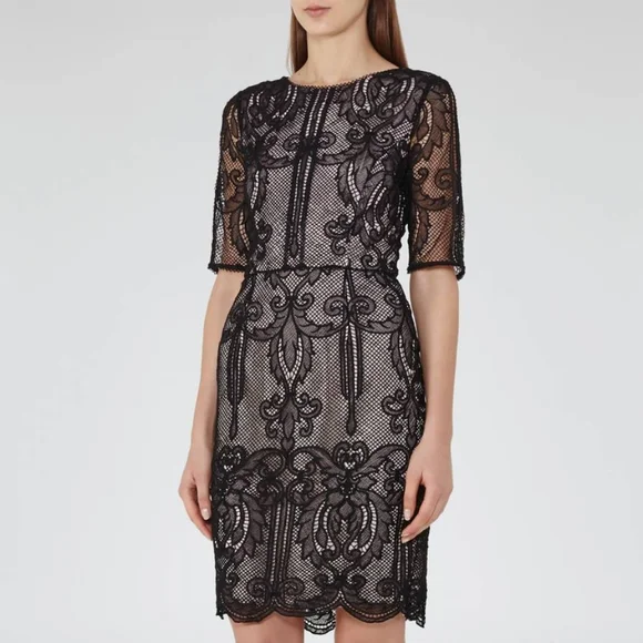 🌞REISS Zola Lace Dress  Black Scalloped Hem V-Back Party Cocktail US 4 - Picture 5 of 16